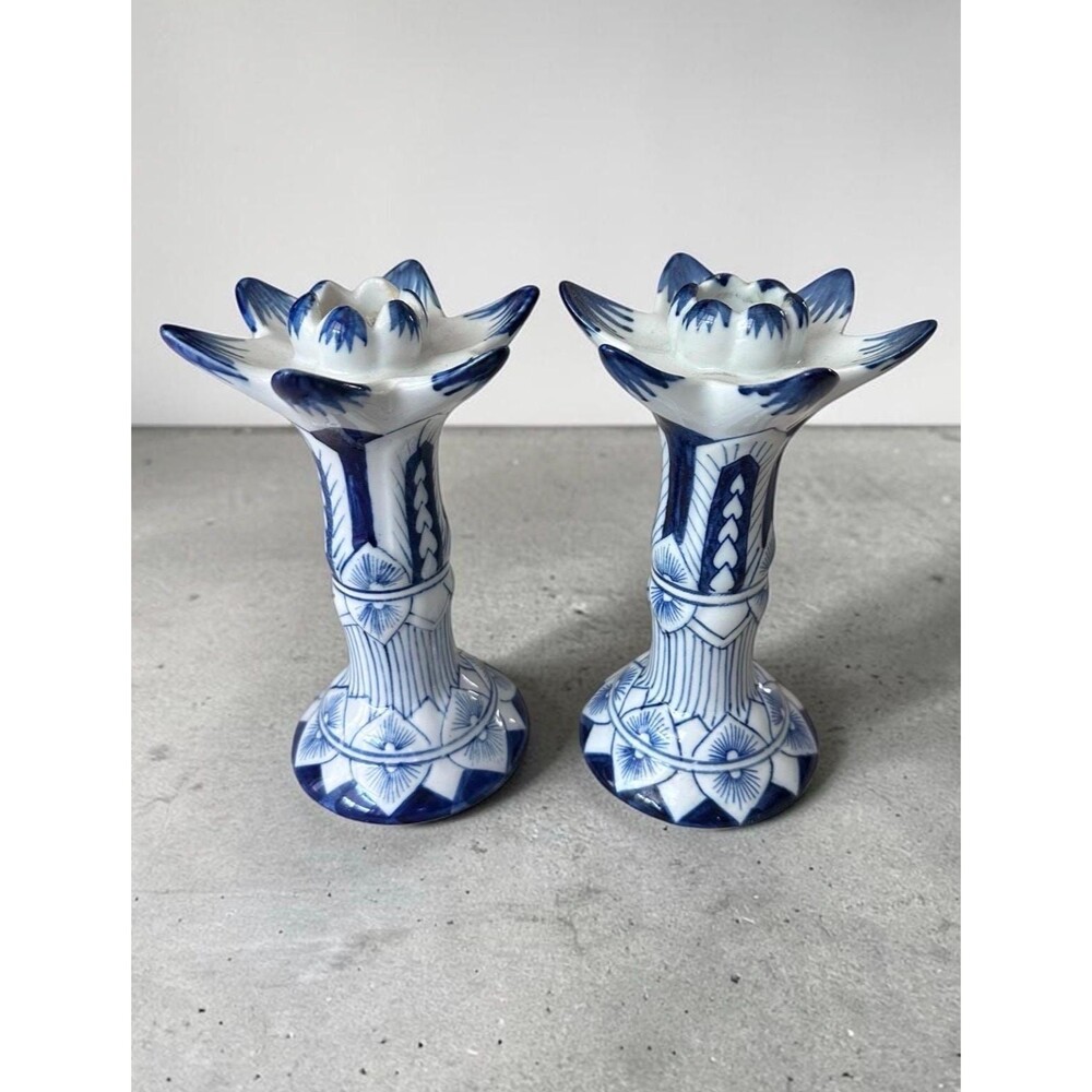 Vintage Blue White Candlestick Holders Lotus Flower Holders, Chinoiserie Delft